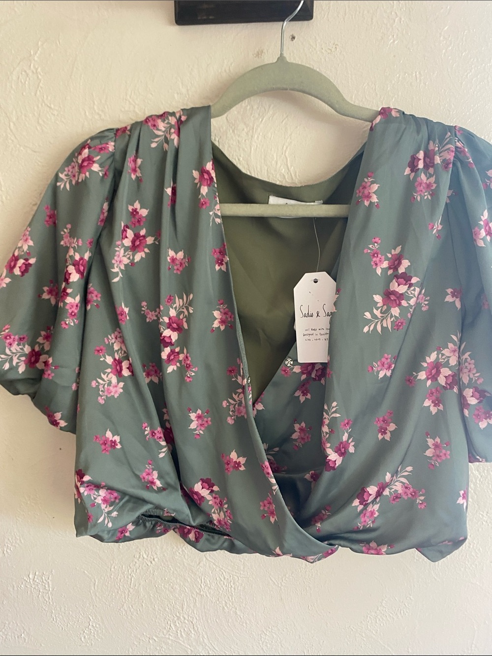 Sadie & Sage Green Floral Wrap Blouse with Pink Blossoms